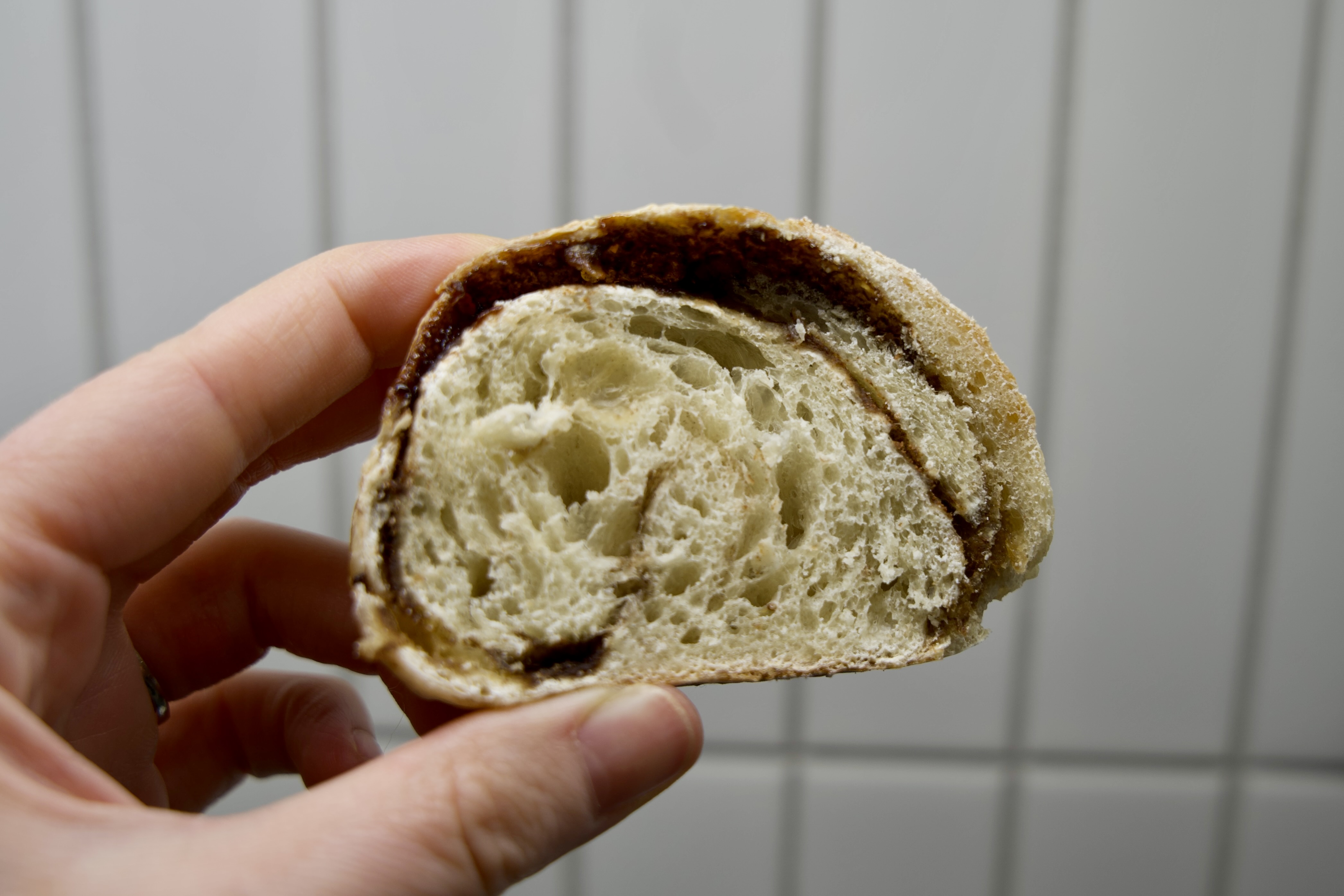 close up of cinnamon swirl in loaf