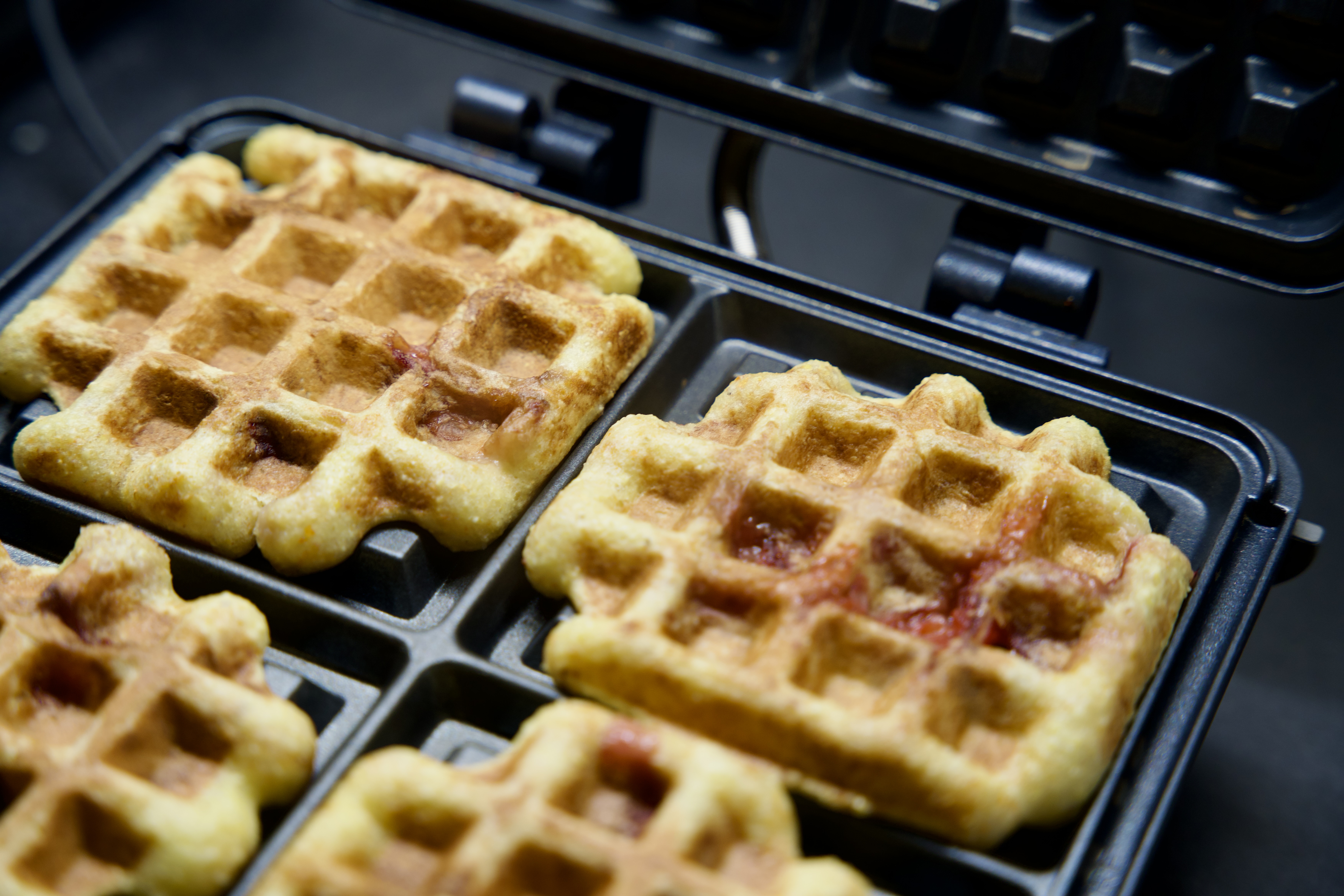 Cornbread waffles with strawberries