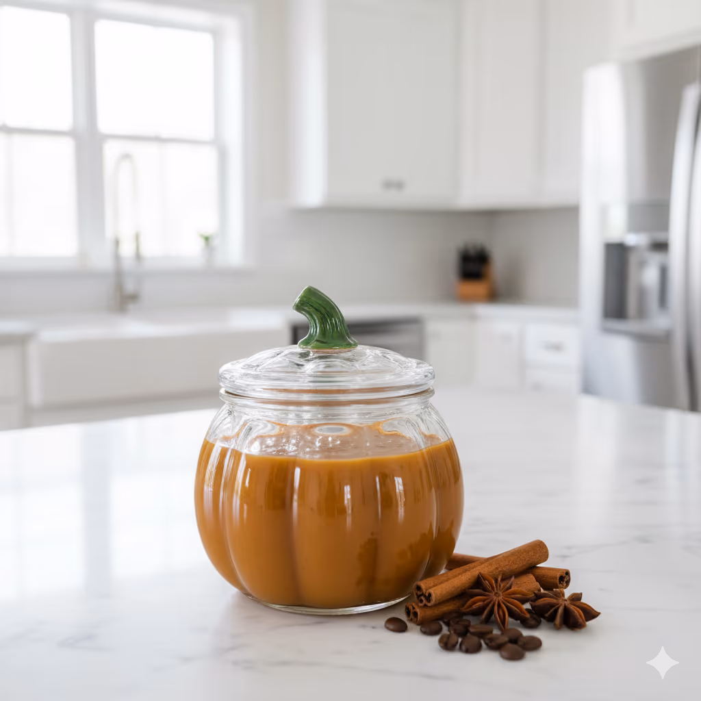 Smooth, homemade pumpkin spice sauce in a classy glass pumpkin storage jar, perfect for easy fridge storage.