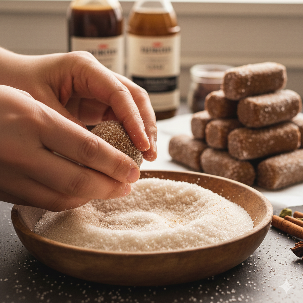 spiced sugar in a bowl with chai gingerbread dough being rolled in it
