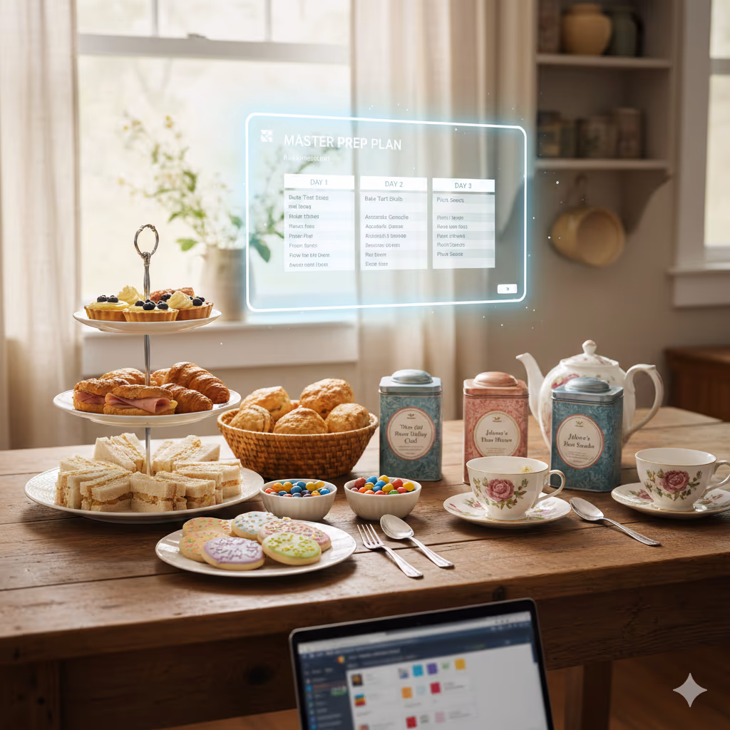afternoon tea on a wooden table and a digital floating blue see through menu. 