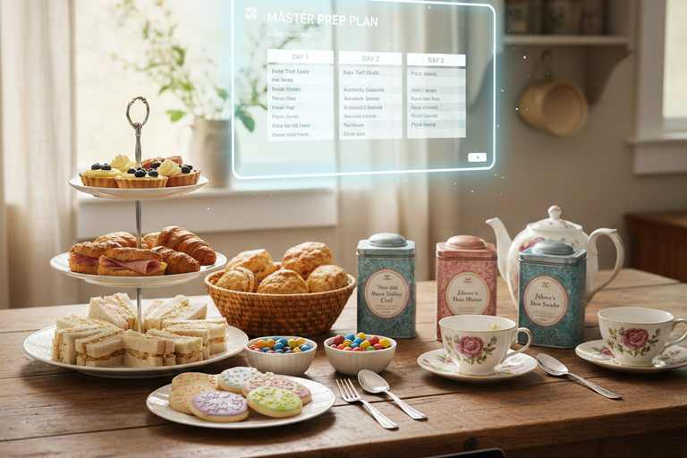 afternoon tea on a wooden table and a digital floating blue see through menu. 