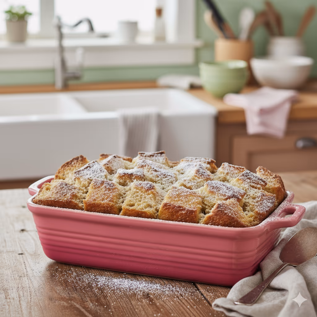 French toast bake in a pink bread pan in a kitchen with wood counters and green accents.