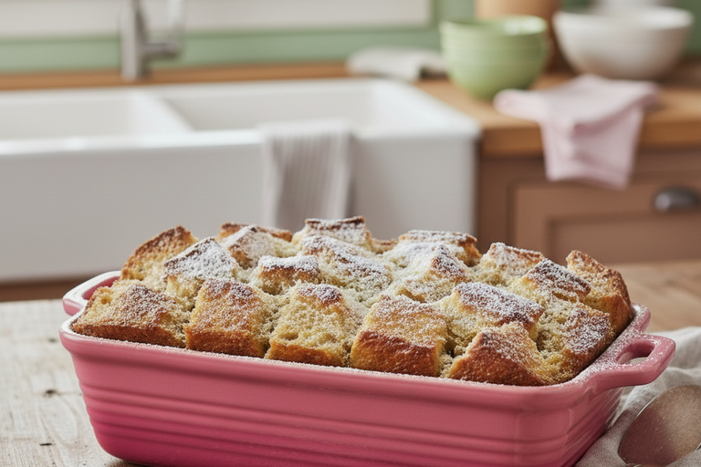 French toast bake in a pink bread pan in a kitchen with wood counters and green accents.