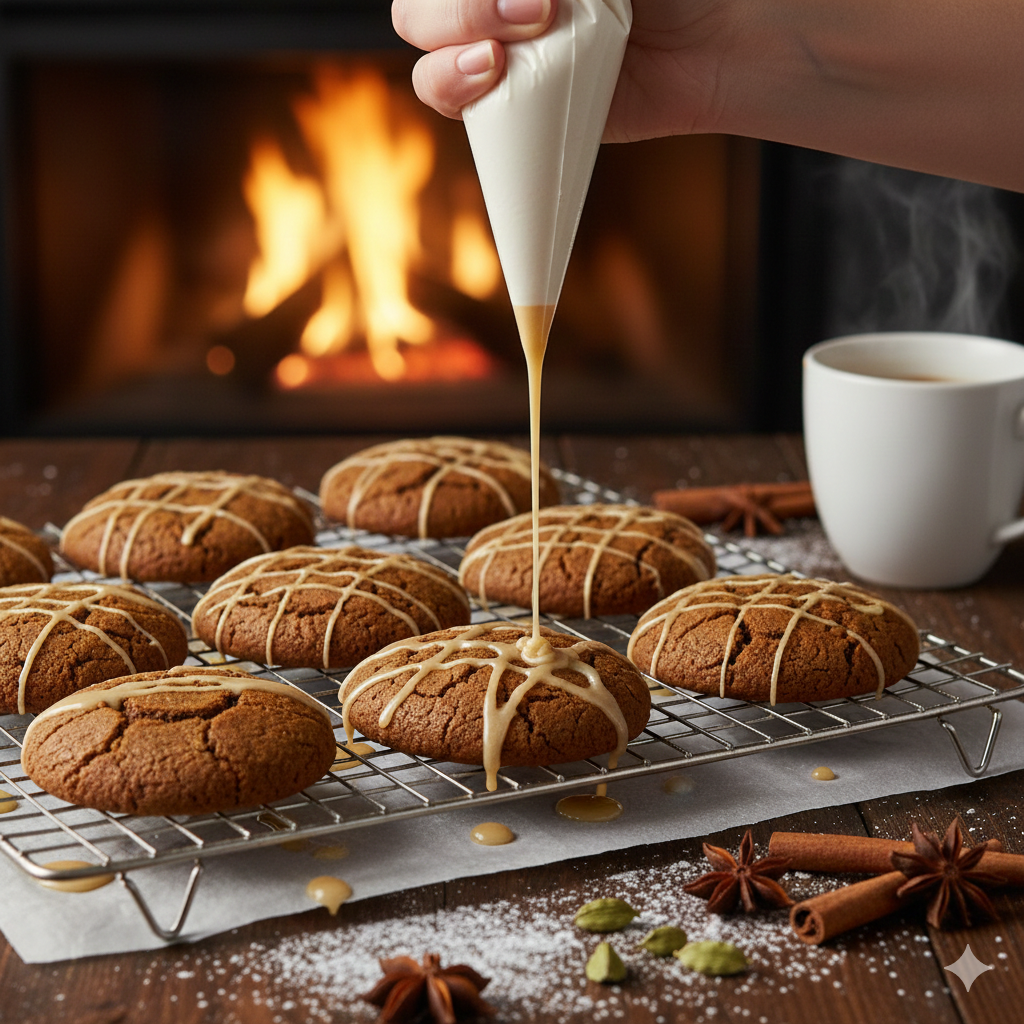 Chai Gingerbread cookies getting an icing drizzle
