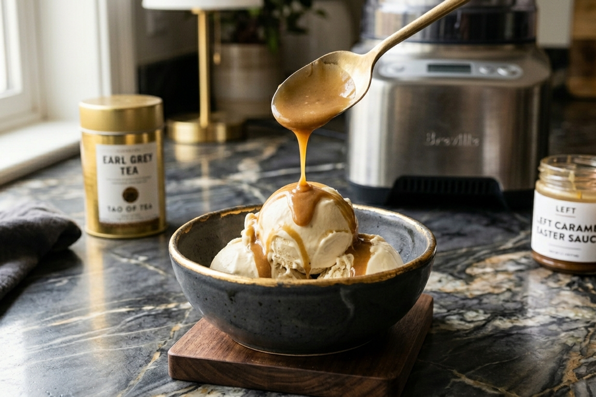earl grey ice cream in a bowl on the counter 