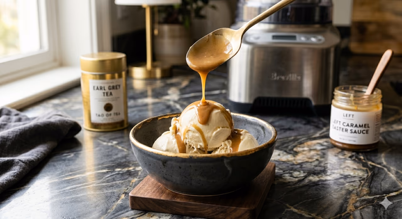 earl grey ice cream in a bowl on the counter