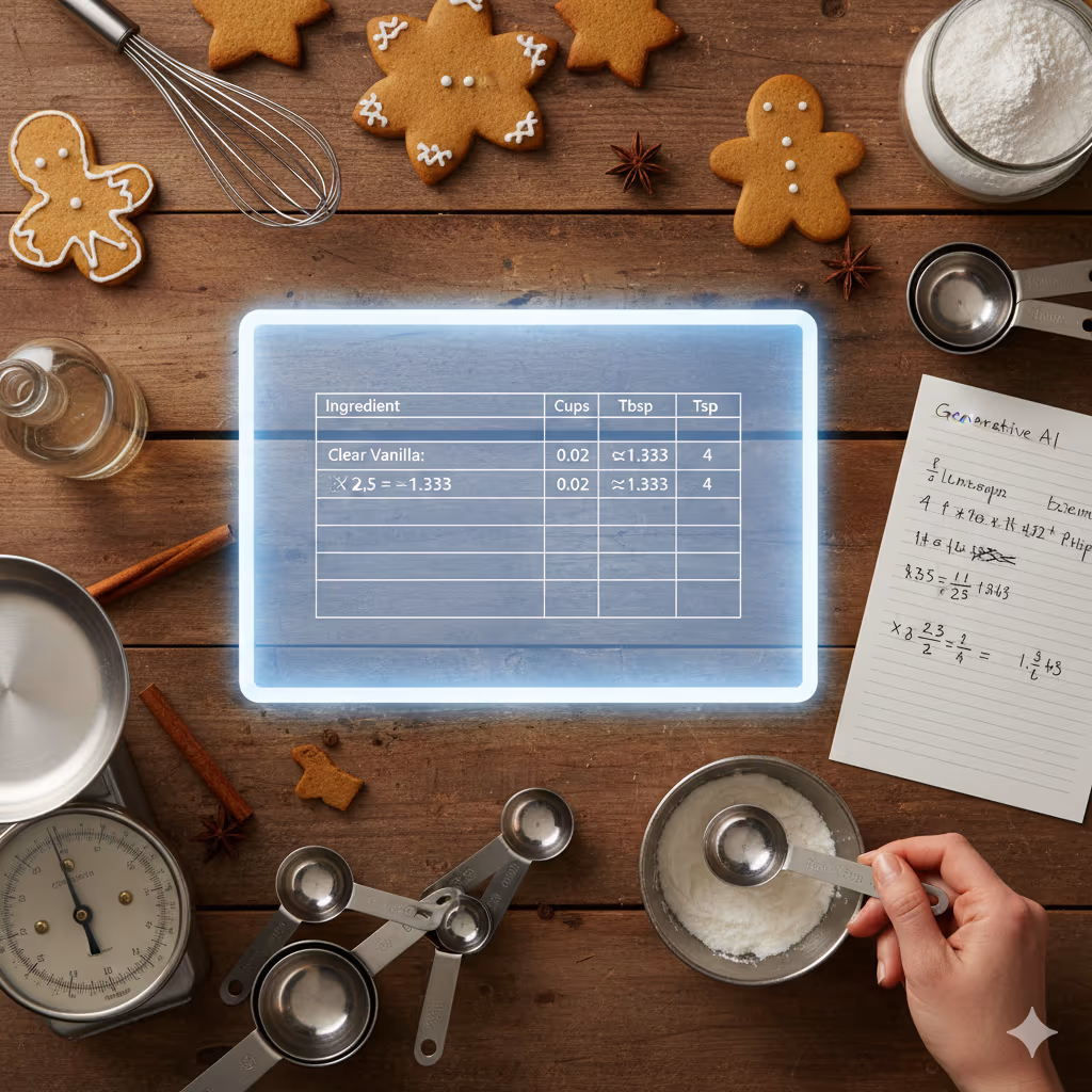 Holiday baking counter with a virtual table showing multiple measurements.