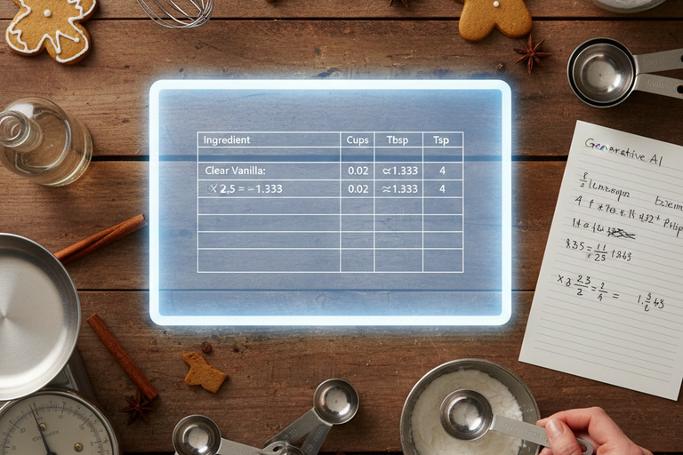 Holiday baking counter with a virtual table showing multiple measurements. 