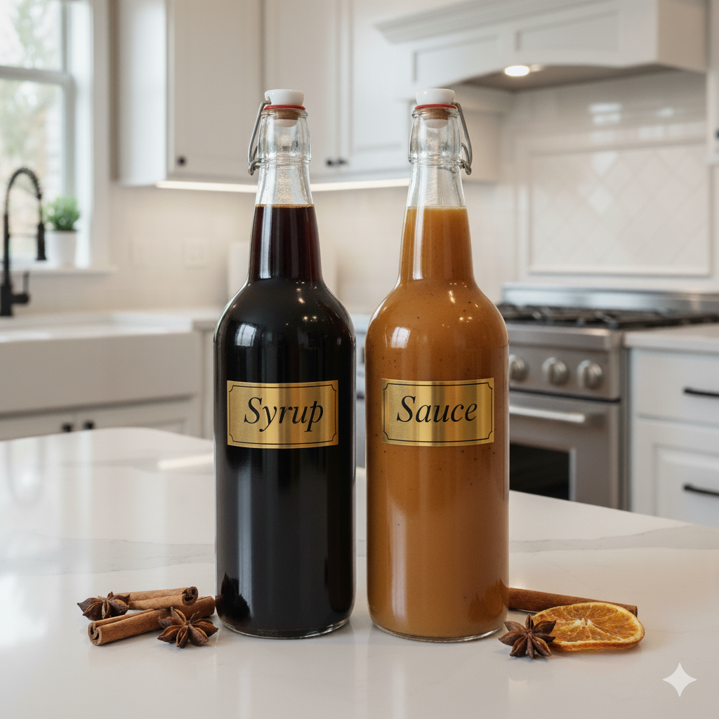 gemini created image of two bottled liquids, one dark and one opaque, on a white kitchen counter. 
