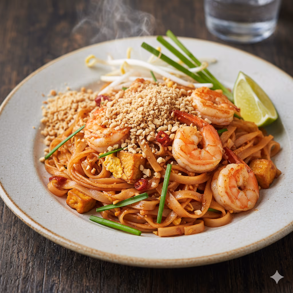 Noodle dish with shrimp and crushed peanuts on top. 