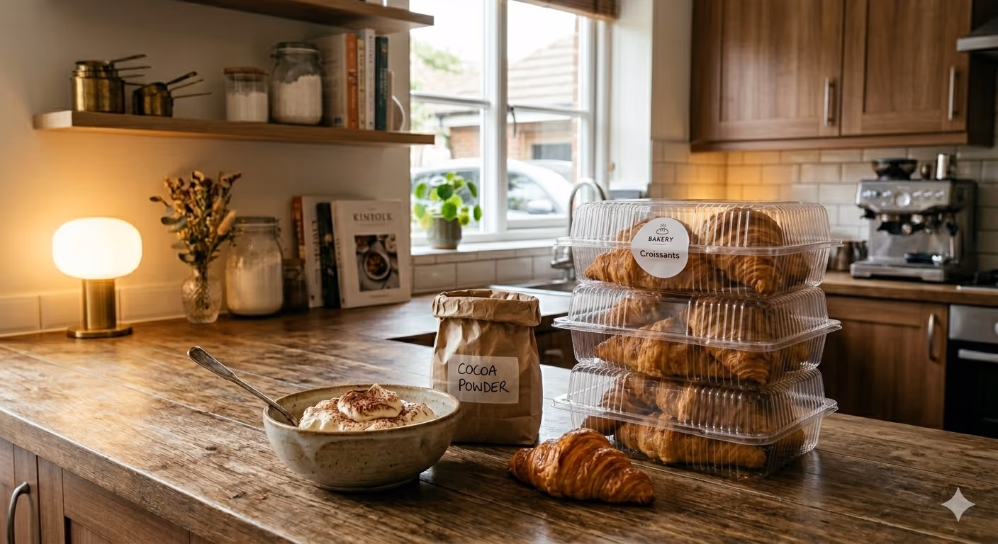 Croissants, tiramisu filling, and cocoa powder ingredients sitting on a wood counter.
