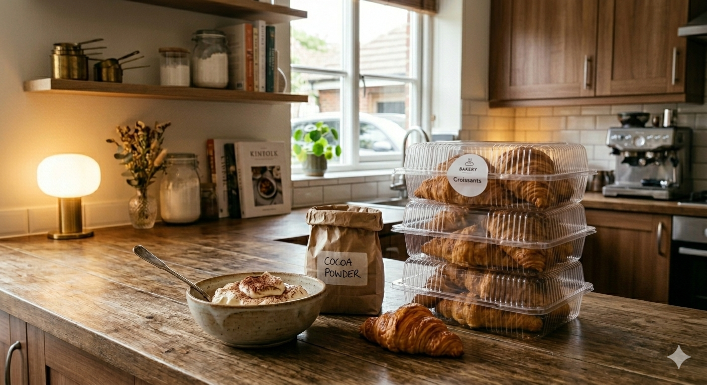 Croissants, tiramisu filling, and cocoa powder ingredients sitting on a wood counter.