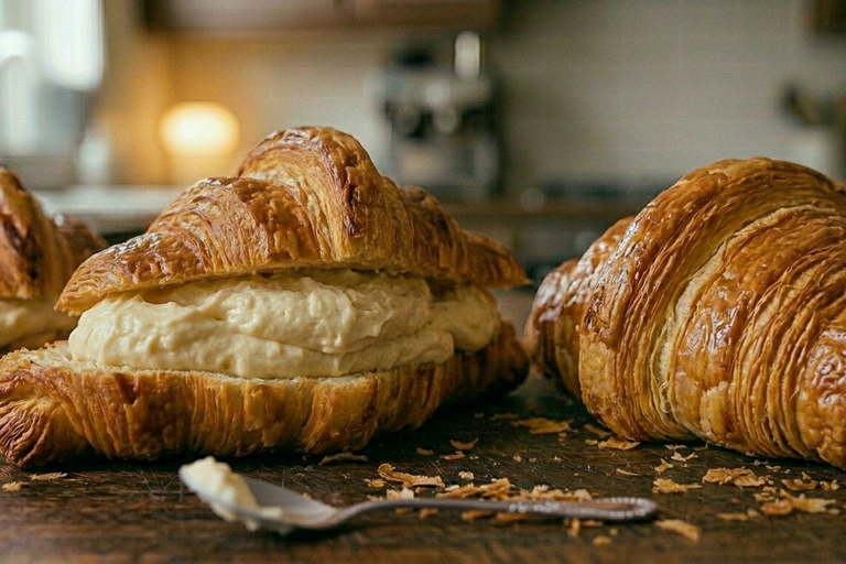 Toasted croissants with creamy filling in them.