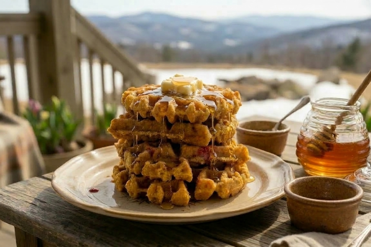 cornbread waffles with strawberries and honey butter