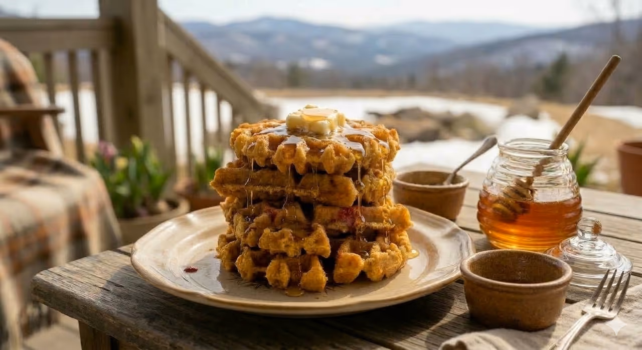 cornbread waffles with strawberries and honey butter 
