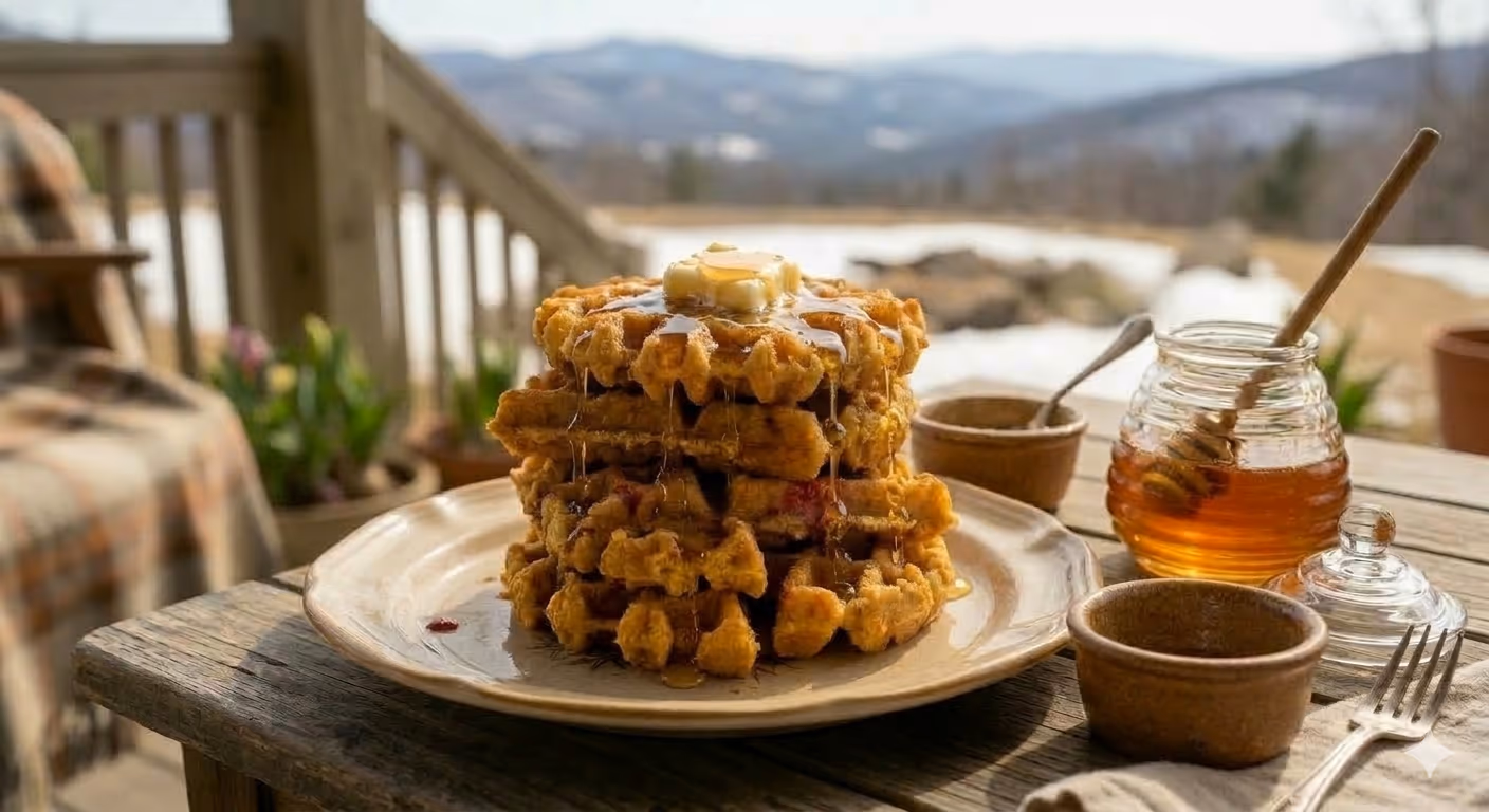 cornbread waffles with strawberries and honey butter 