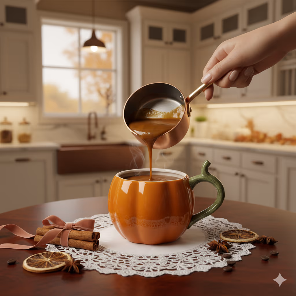 Pumpkin spice sauce pouring from a copper pot into a classy pumpkin mug on a wooden counter in a luxury kitchen, surrounded by fall spices and autumn light.