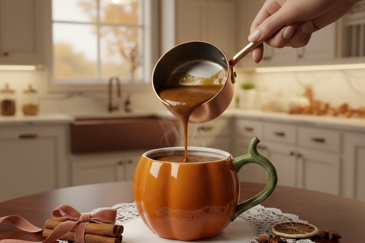 Pumpkin spice sauce pouring from a copper pot into a classy pumpkin mug on a wooden counter in a luxury kitchen, surrounded by fall spices and autumn light.