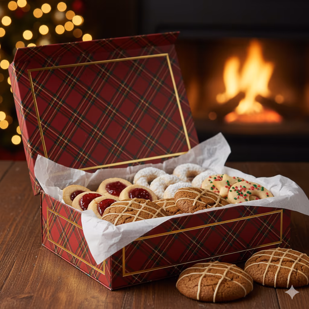 chai gingerbread cookies in a holiday box