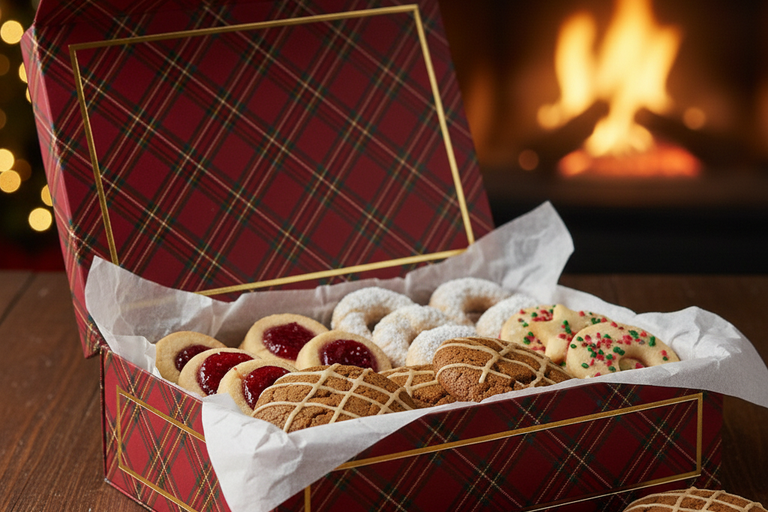 chai gingerbread cookies in a holiday box