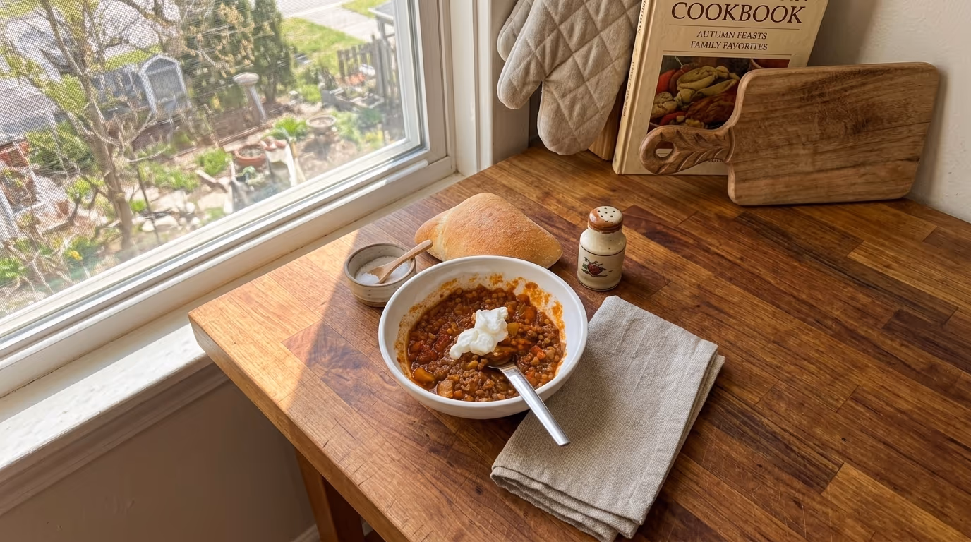 chili in bowl on counter 