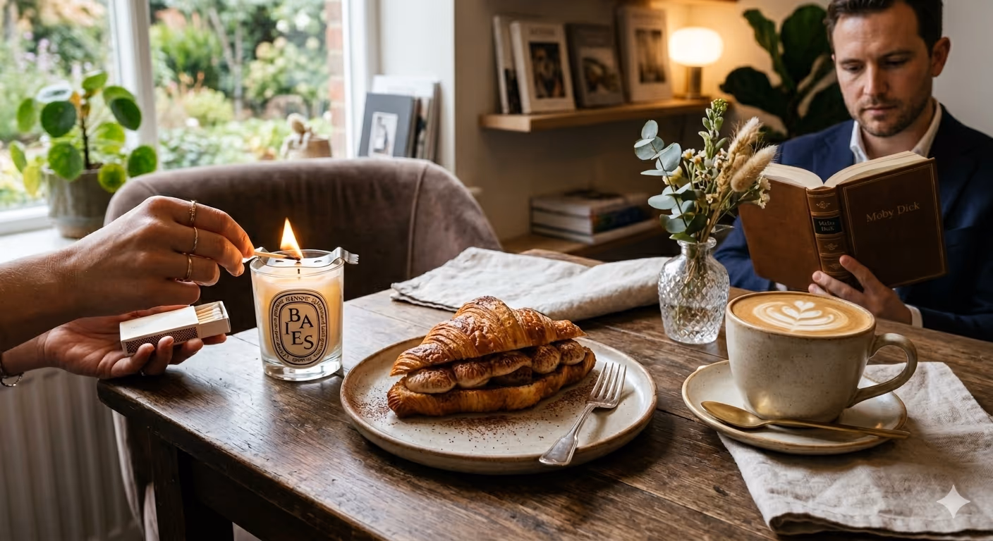 Croissant filled with tiramisu filling on a table with a candle being lit.