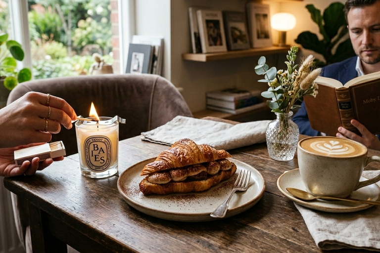 Croissant filled with tiramisu filling on a table with a candle being lit. 