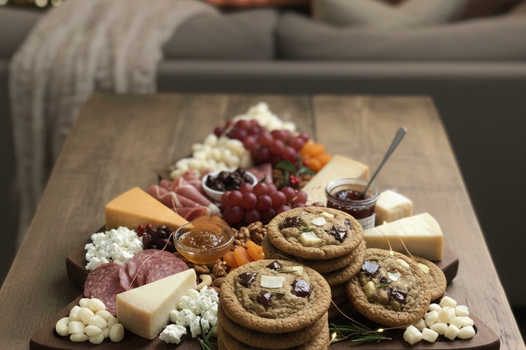 Dark chocolate rosemary cookies on a tree board in a cozy room.