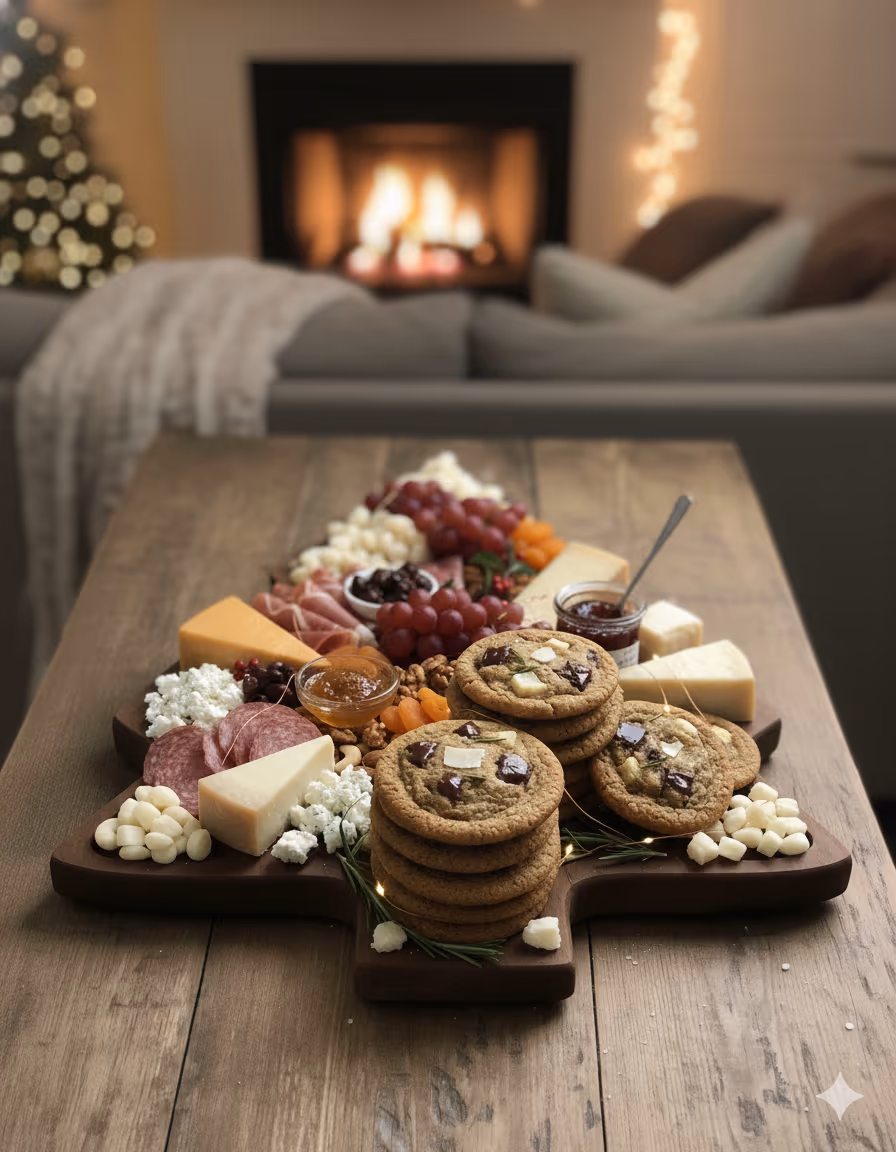 Dark chocolate rosemary cookies on a tree board in a cozy room.