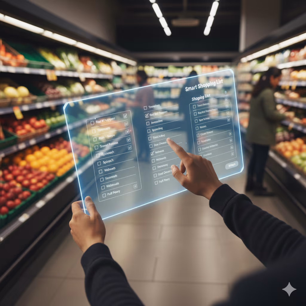 Virtual checklist shown in a grocery store.