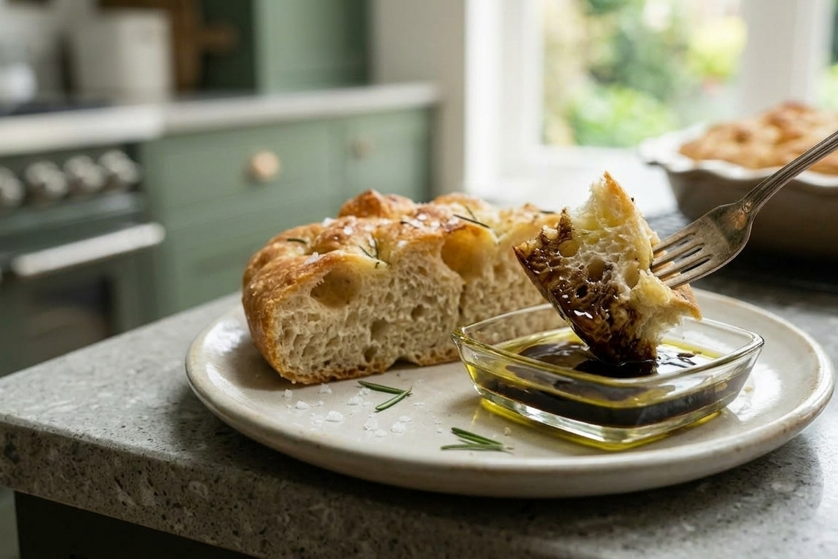 Focaccia on a plate and some being dipped into oil and balsamic