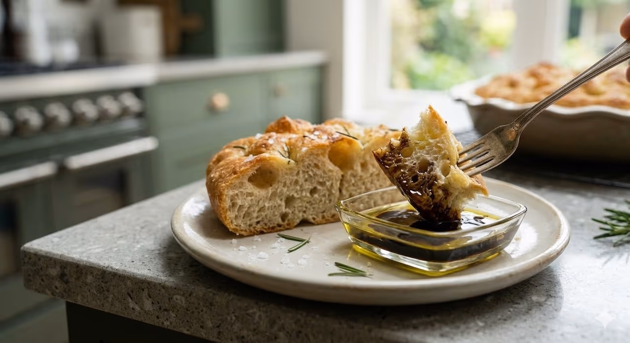 Focaccia on a plate and some being dipped into oil and balsamic 