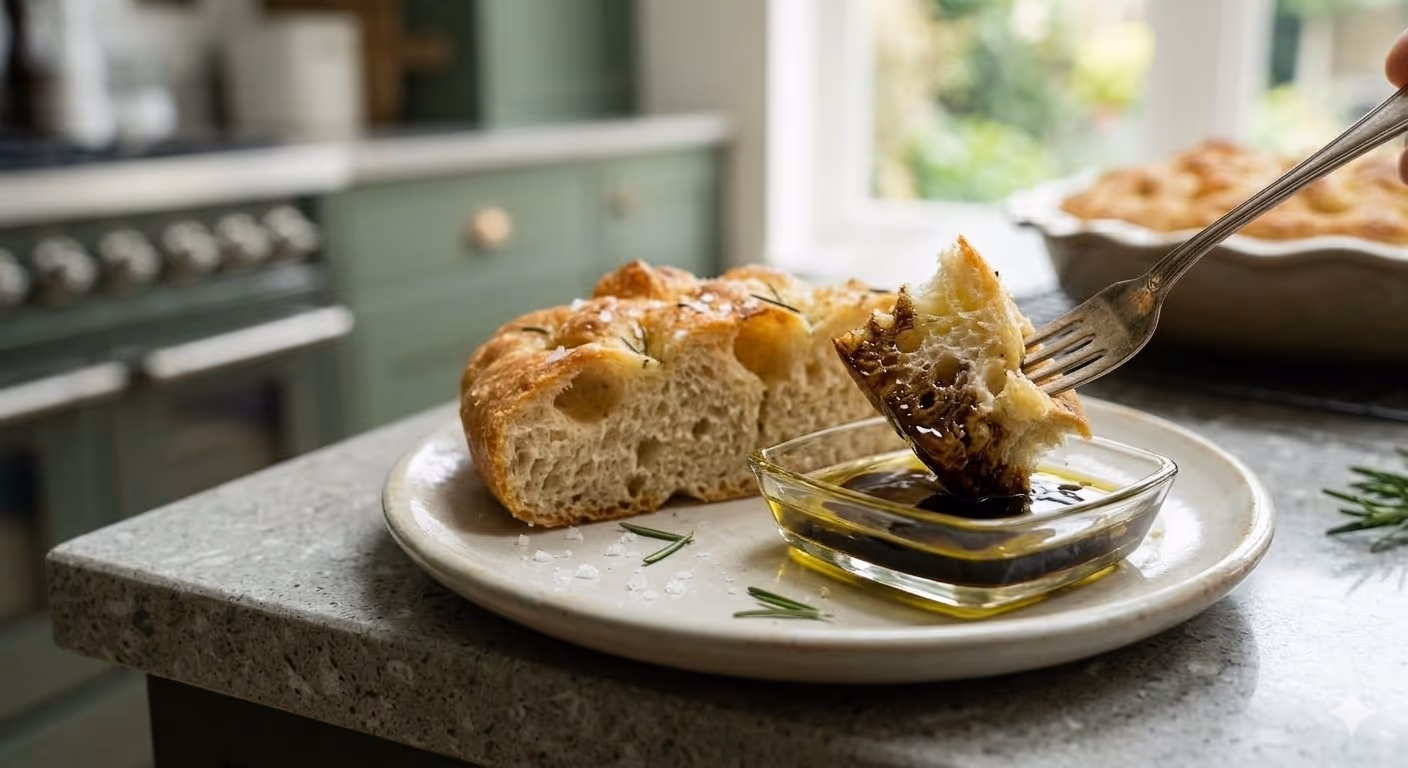 Focaccia on a plate and some being dipped into oil and balsamic 