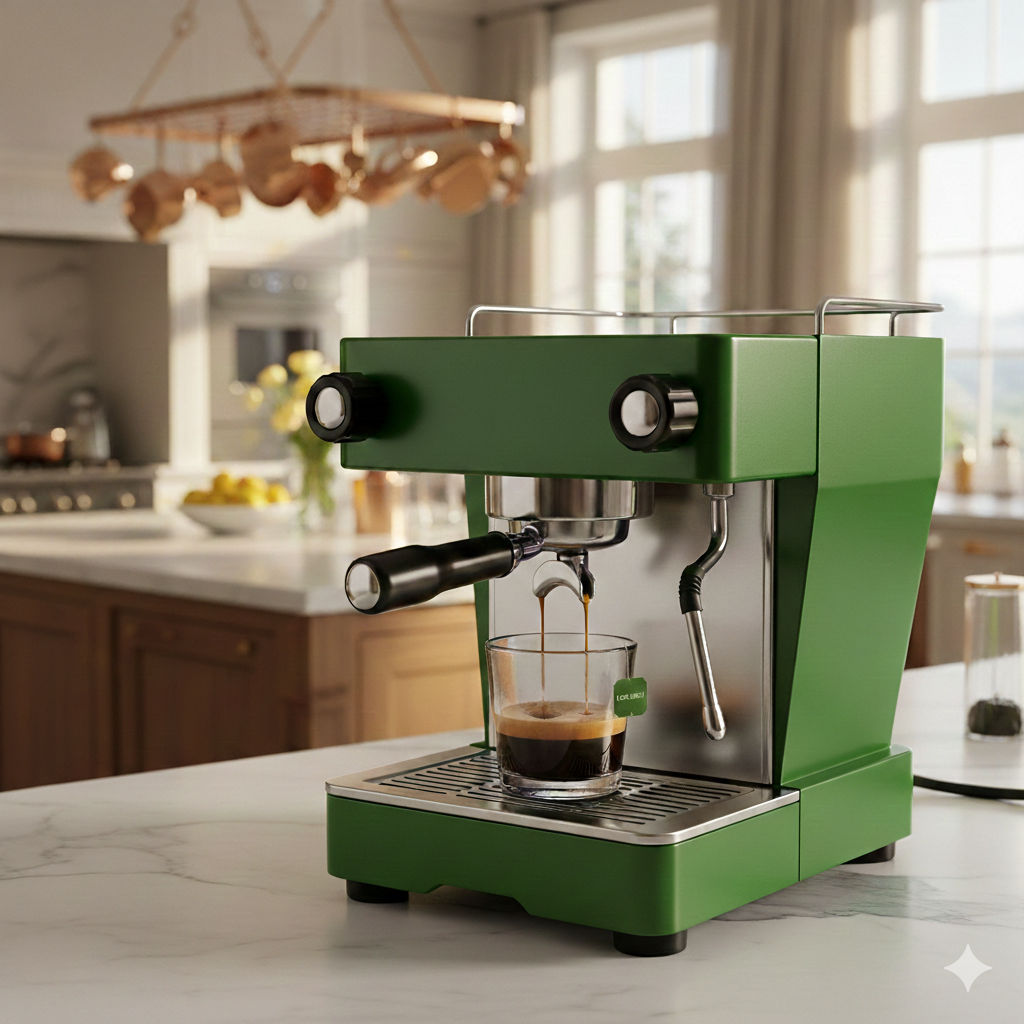 green expresso machine pouring espresso over tea bag in a clear cup.