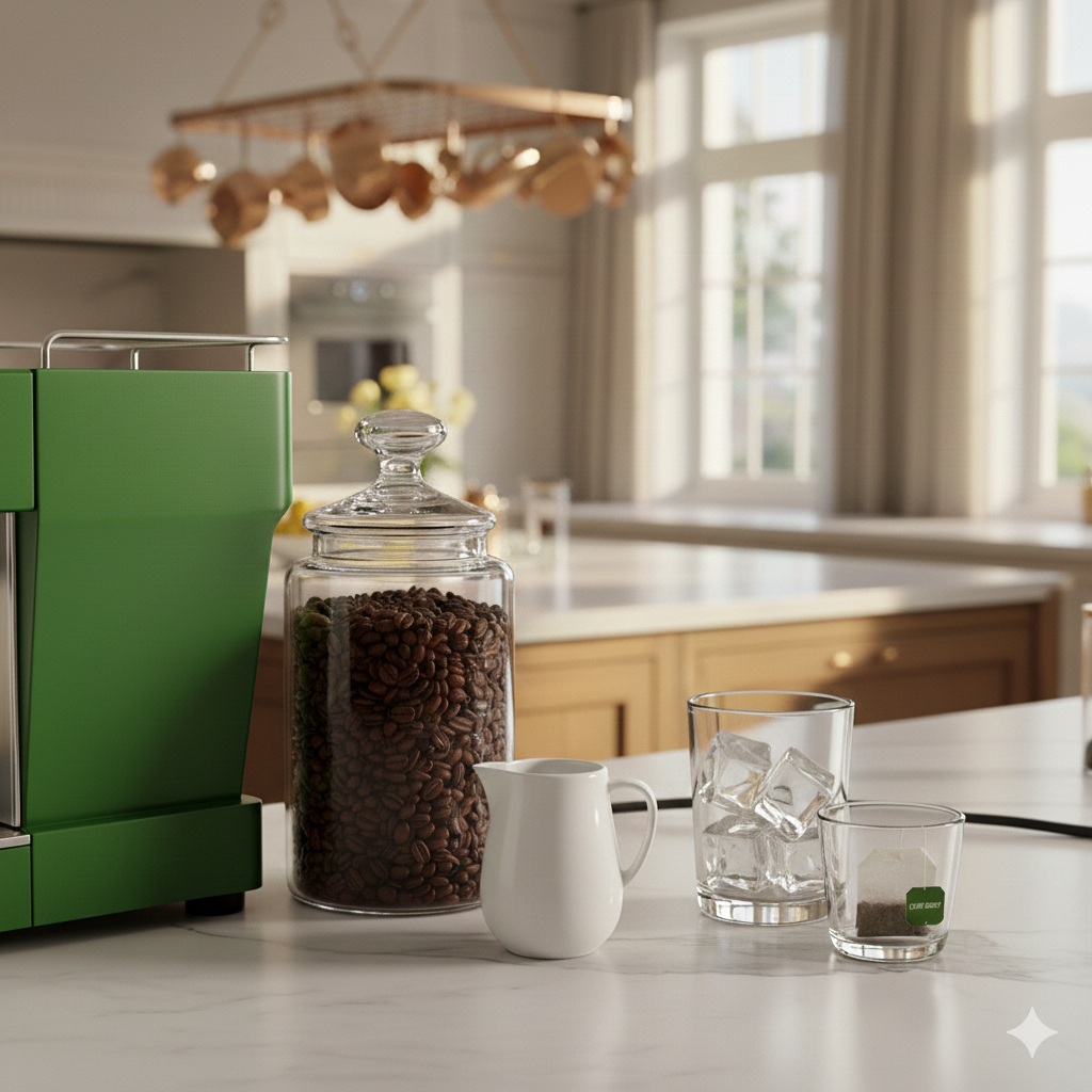 espresso beans, creamer. ice, and earl grey tea bag on a counter. 