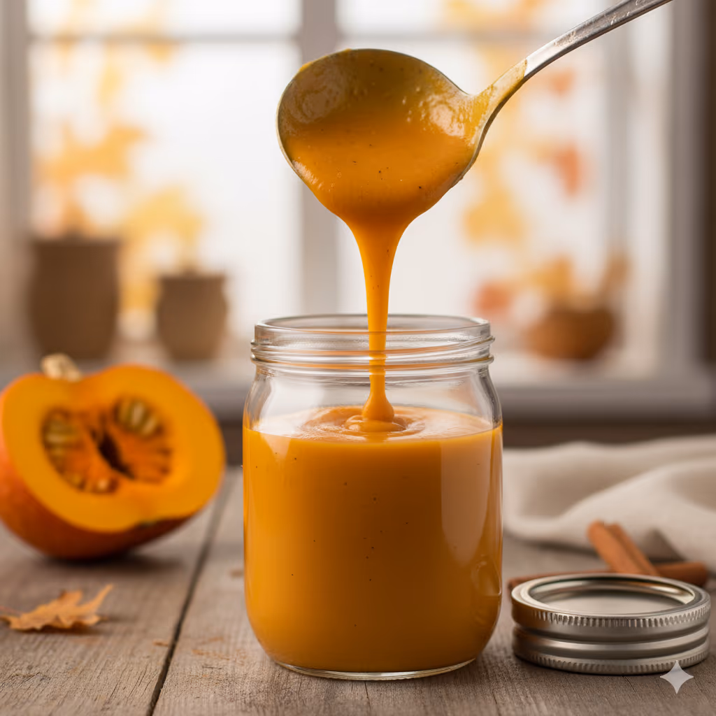 Pumpkin Spice Sauce Being Poured into a Clear Jar With Smooth Texture and Orange Color.