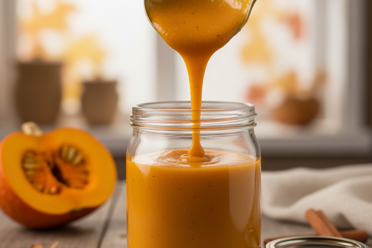 Pumpkin Spice Sauce Being Poured into a Clear Jar With Smooth Texture and Orange Color. 