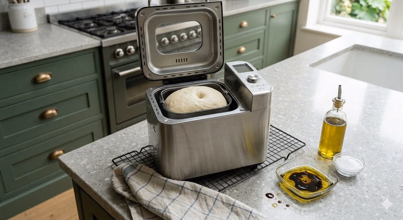 bread machine with dough inside ready to be taken out 