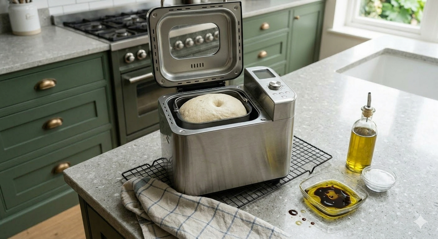 bread machine with dough inside ready to be taken out