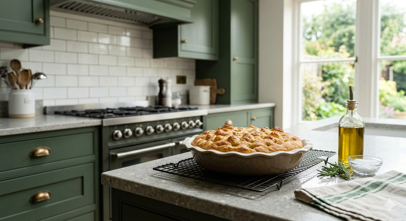 fresh focaccia on a cooling rack