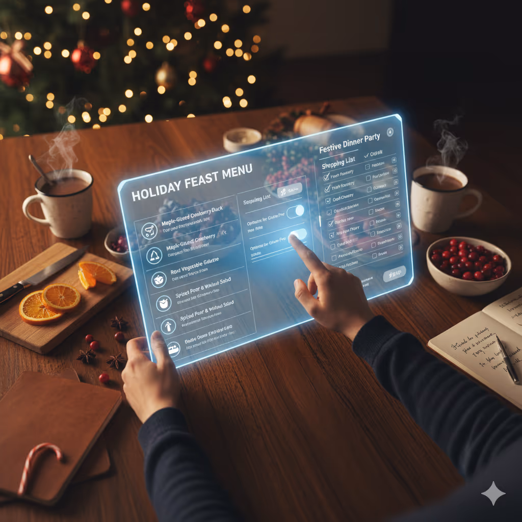 A virtual menu being held by someone at a holiday table.