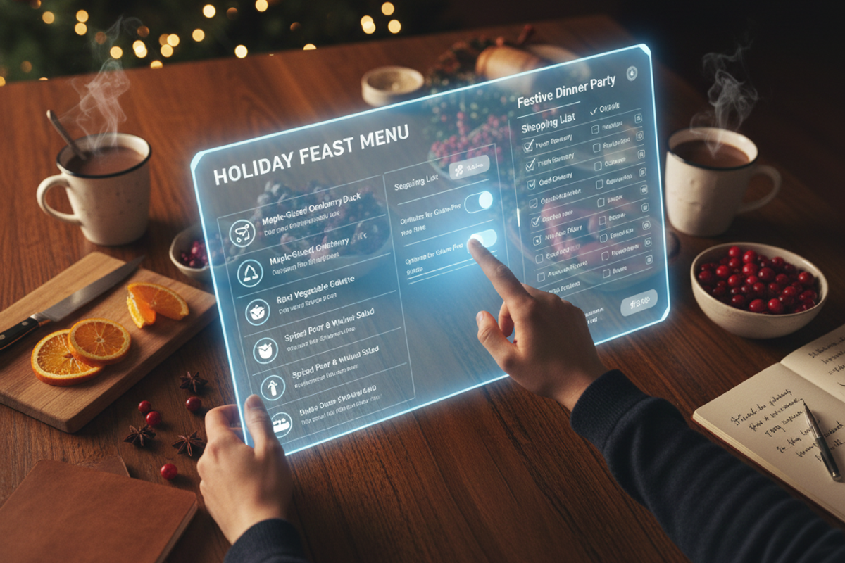 A virtual menu being held by someone at a holiday table.