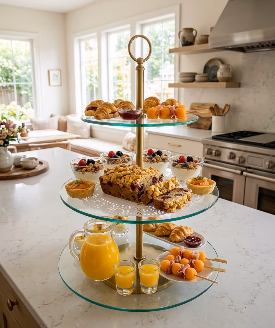 brunch tower with cherry + dark chocolate cake 