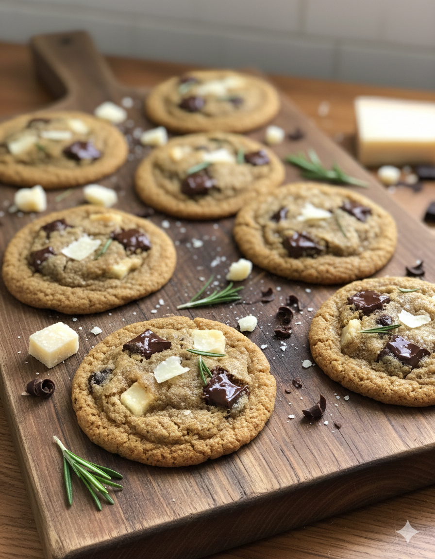 dark choco rosemary cookies on a wooden board 