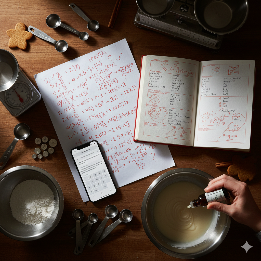 Baking holiday scene with a recipe and a piece of paper showing scaling measurement math. 