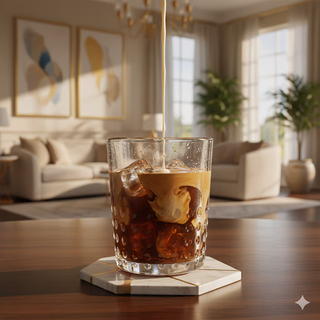 Iced coffee with creamer being poured in on a wood table.