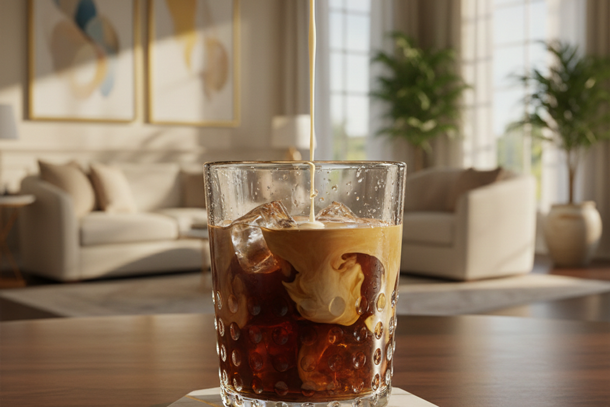 Iced coffee with creamer being poured in on a wood table. 