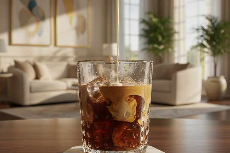 Iced coffee with creamer being poured in on a wood table.