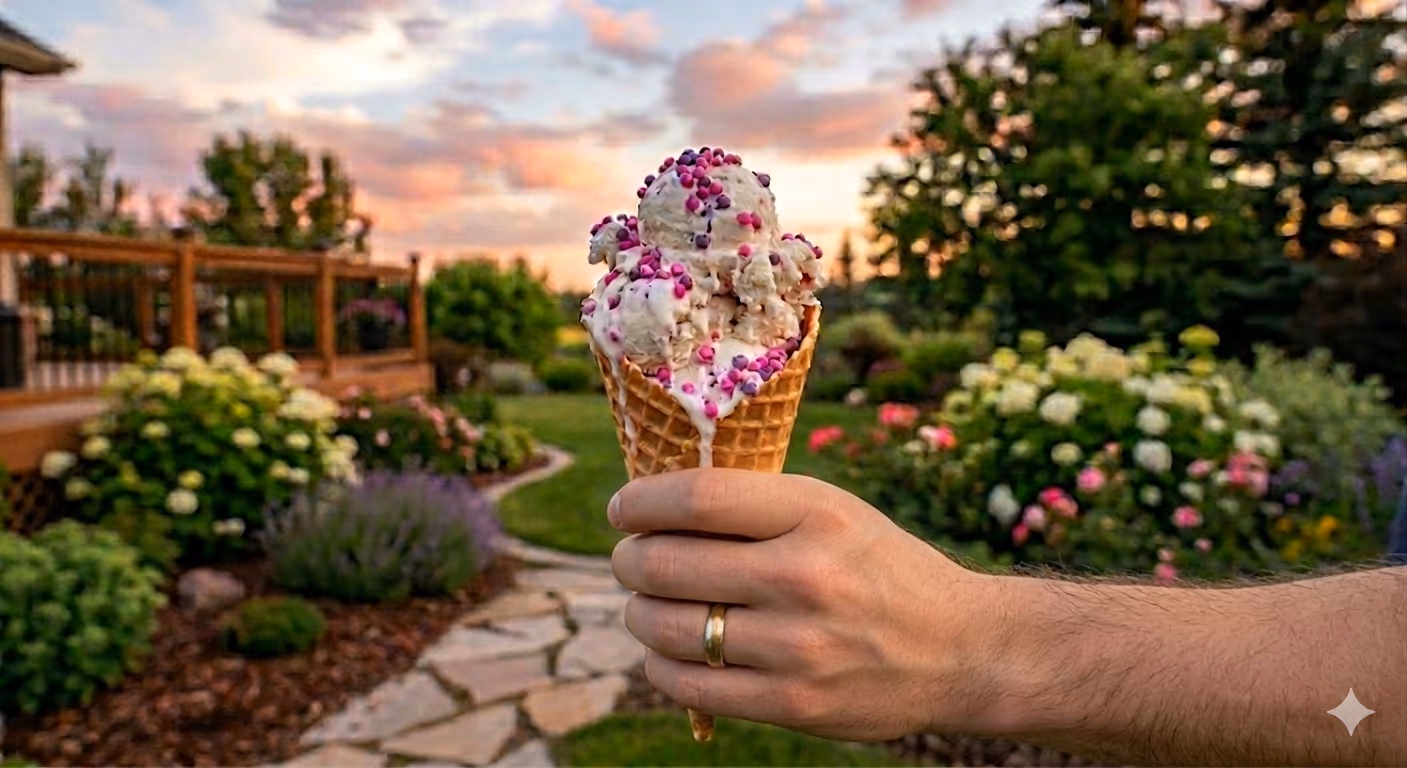 Man hang holding ice cream in a cottage garden